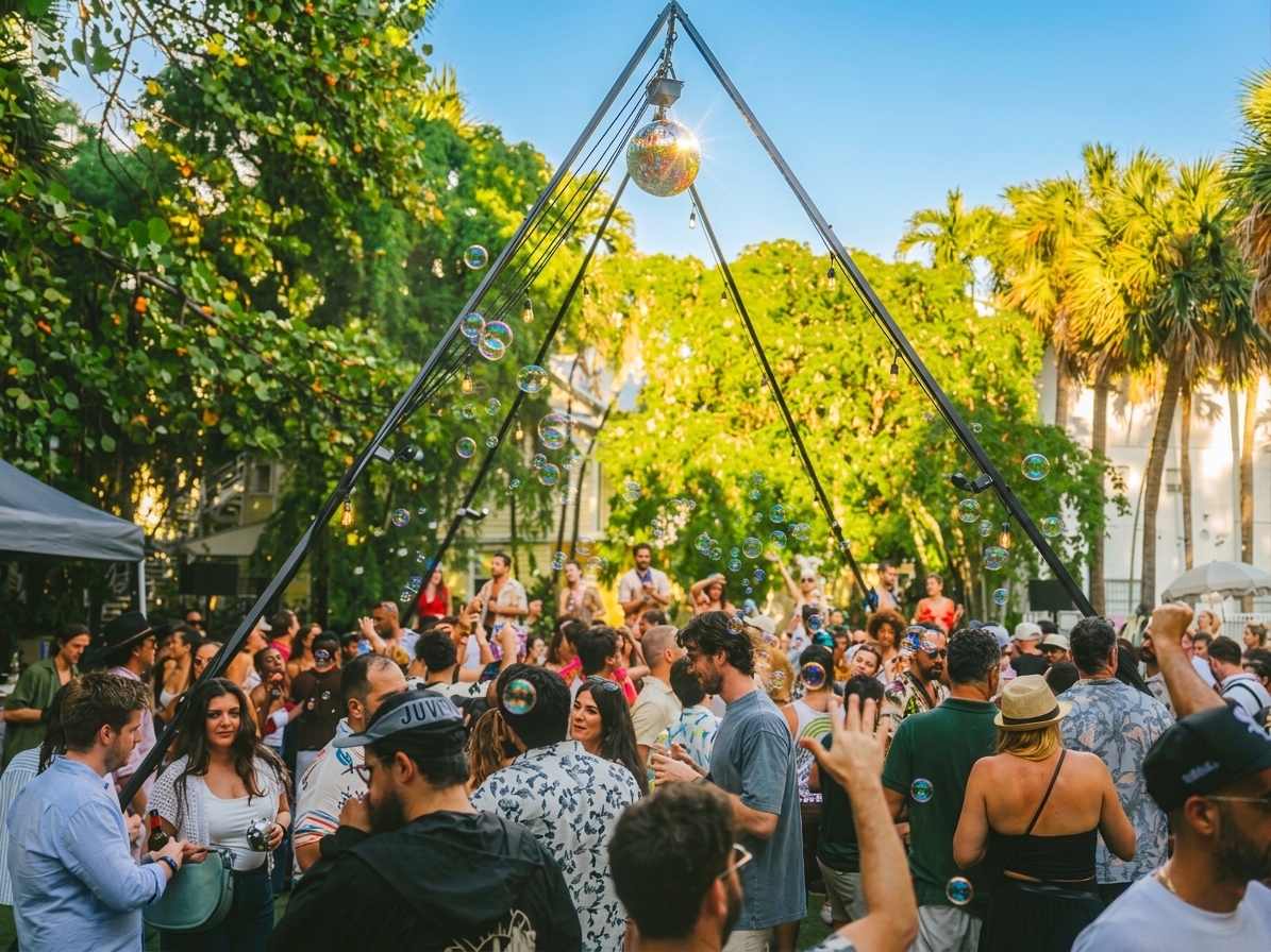Disco Domingo guests dancing under bubbles and a mirrored disco ball in the Miami sunshine