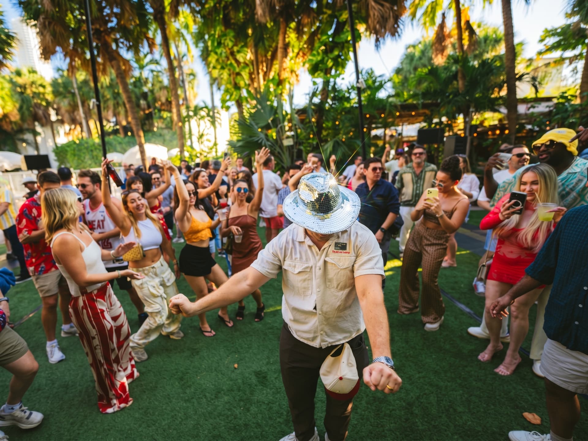 A guest in a mirrored disco hat dancing in the middle of the Season 1 crowd