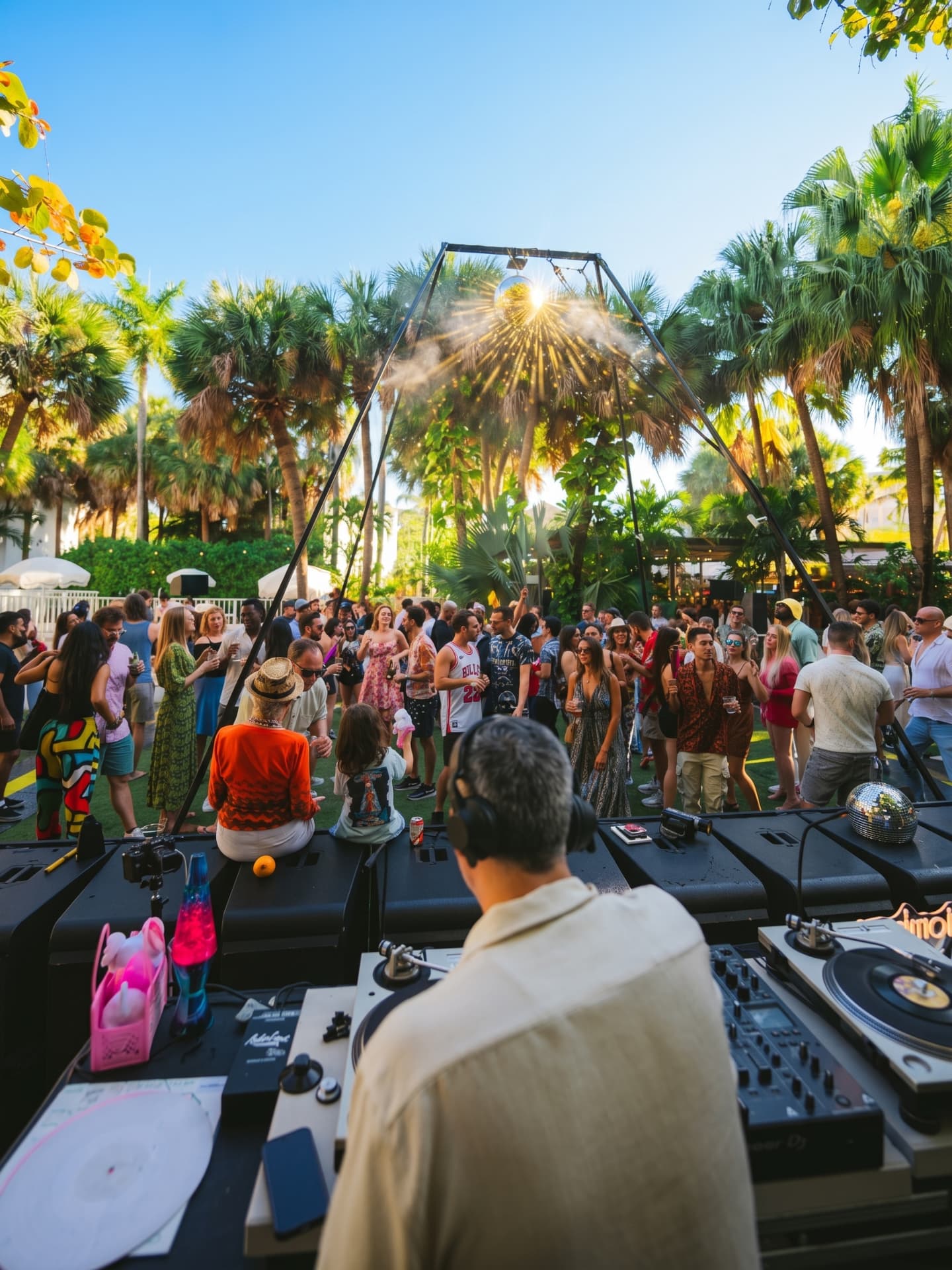 The DJ booth looking out across the Season 1 dance floor and disco truss