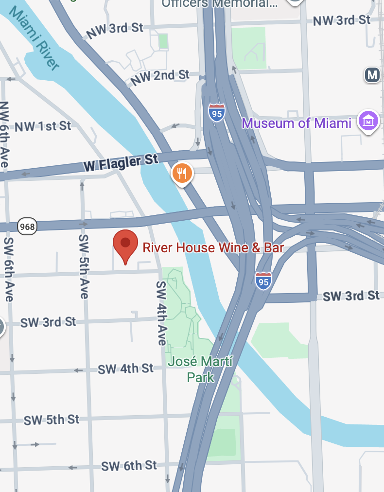 Map showing River House Wine & Bar at 437 SW 2nd St, Miami